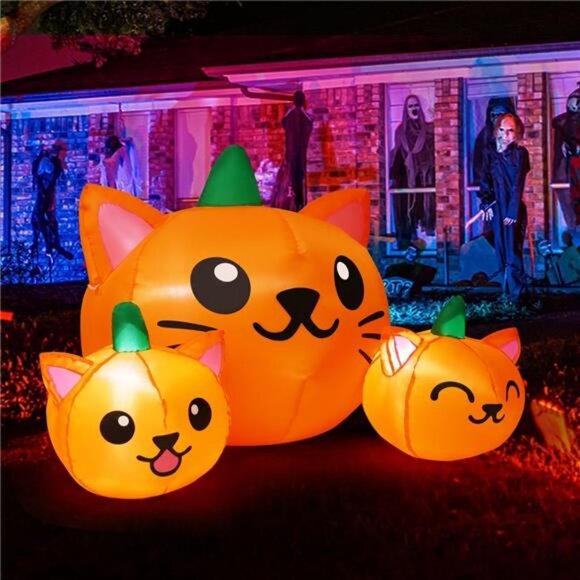 Halloween Inflatable 5FT Long Three Pumpkin Cat Head Combo with Built-in LEDs - Picture 1 of 7
